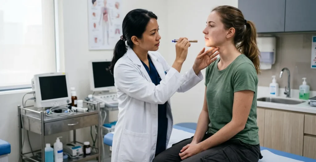 Voyageur consultant un médecin dans une clinique internationale à l'étranger